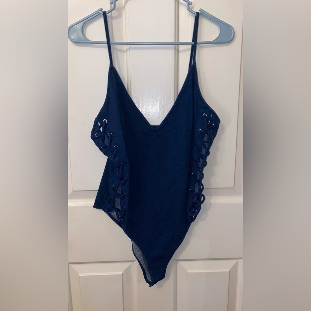 Blue Jean lace up side body suit.  L